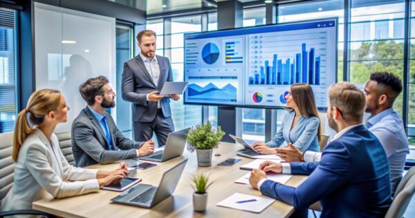 Business people in a meeting, discussing financial data.